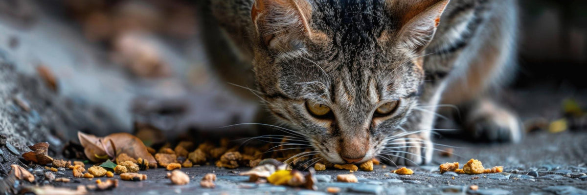 En kat spiser kattemad, der ligger på asfalten