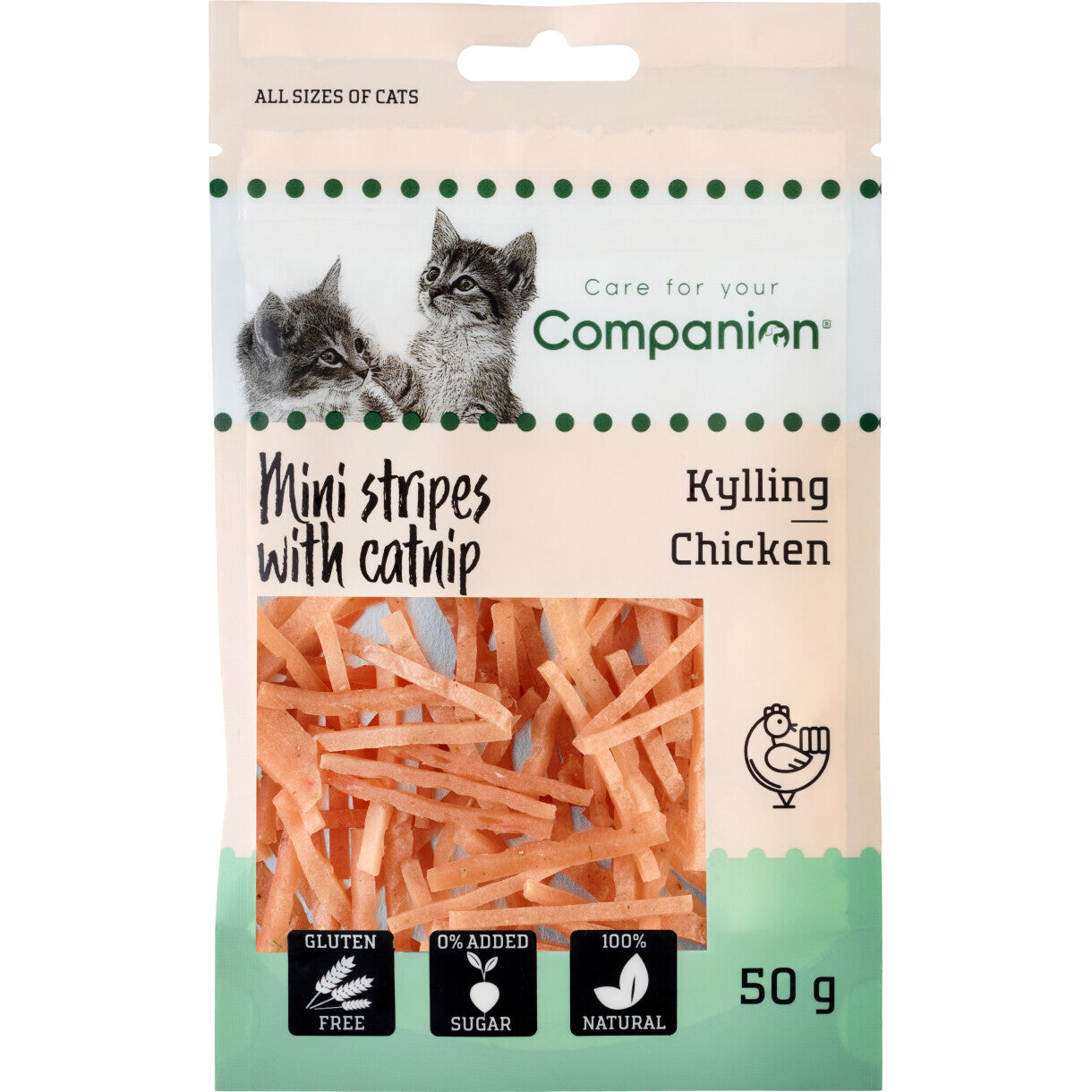 50g Companion kattesnacks mini stripes med Kylling og catnip - gluten og sukkerfri