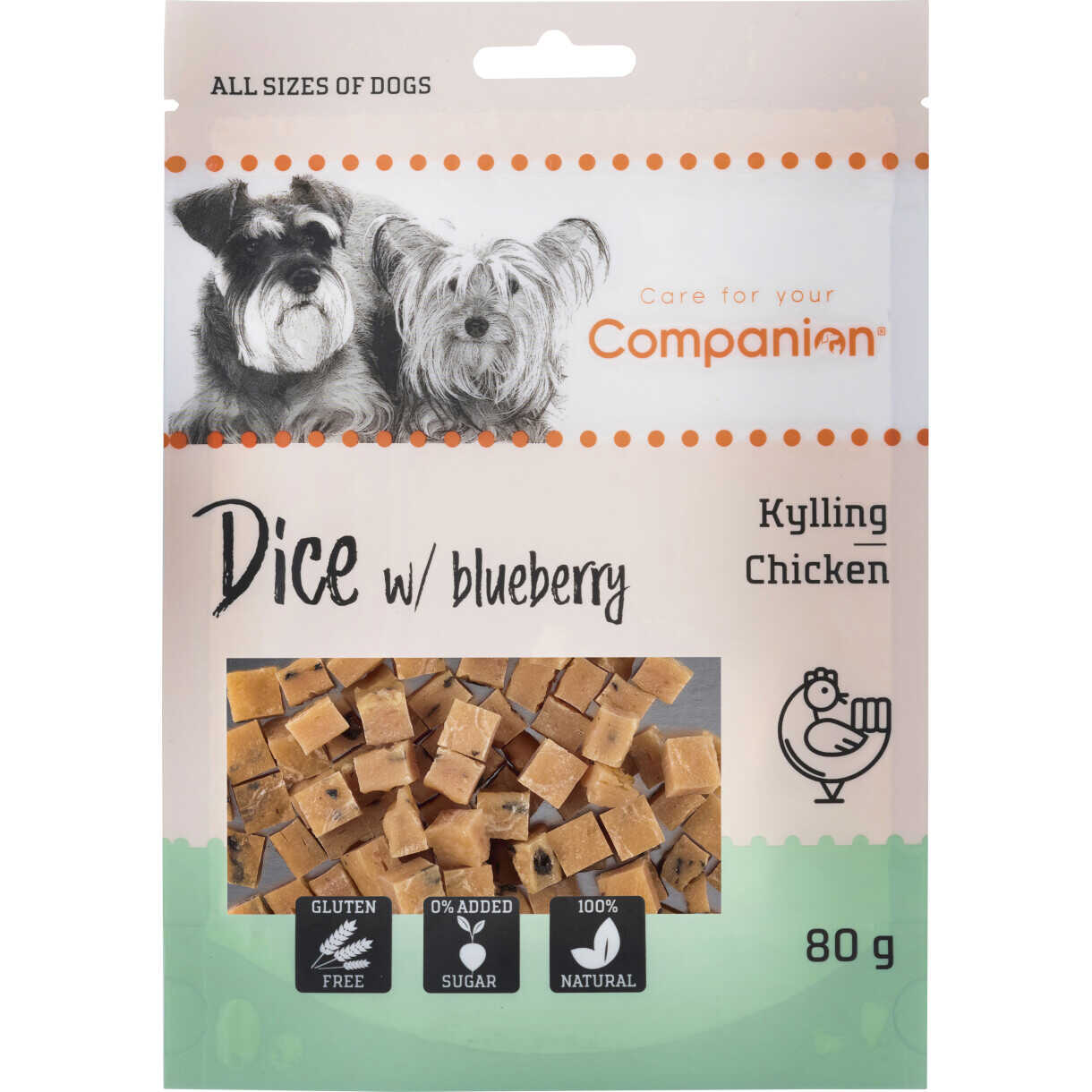 80 g Companion hundesnack med kyllinge tern med blåbær - sukker- og glutenfri