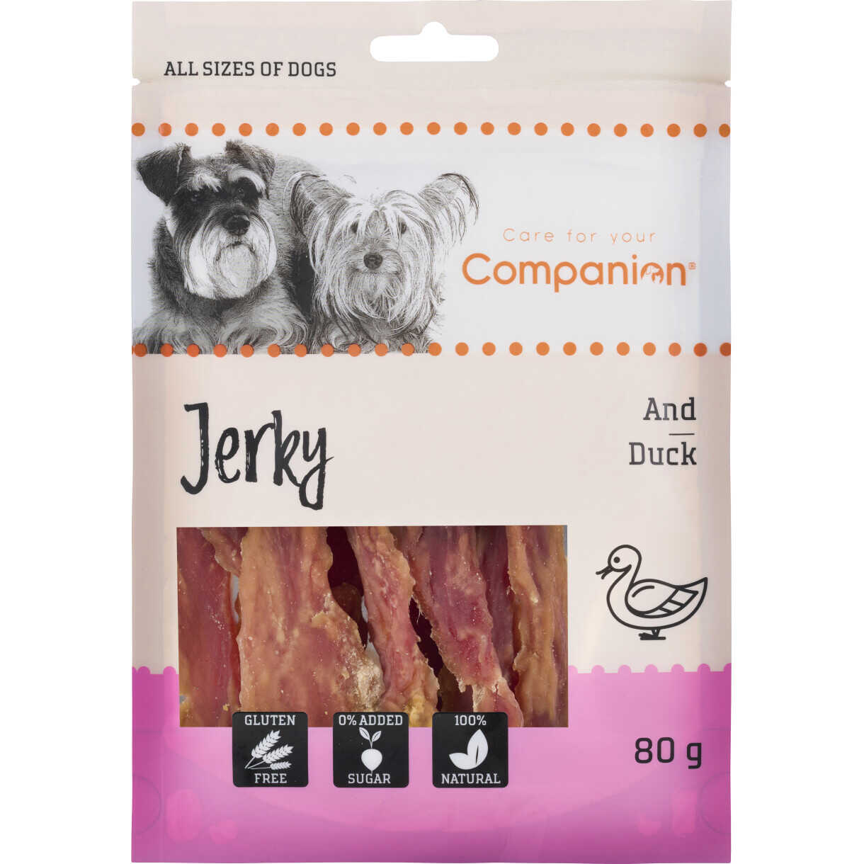 80 g Companion hundesnack med tørret and i strips