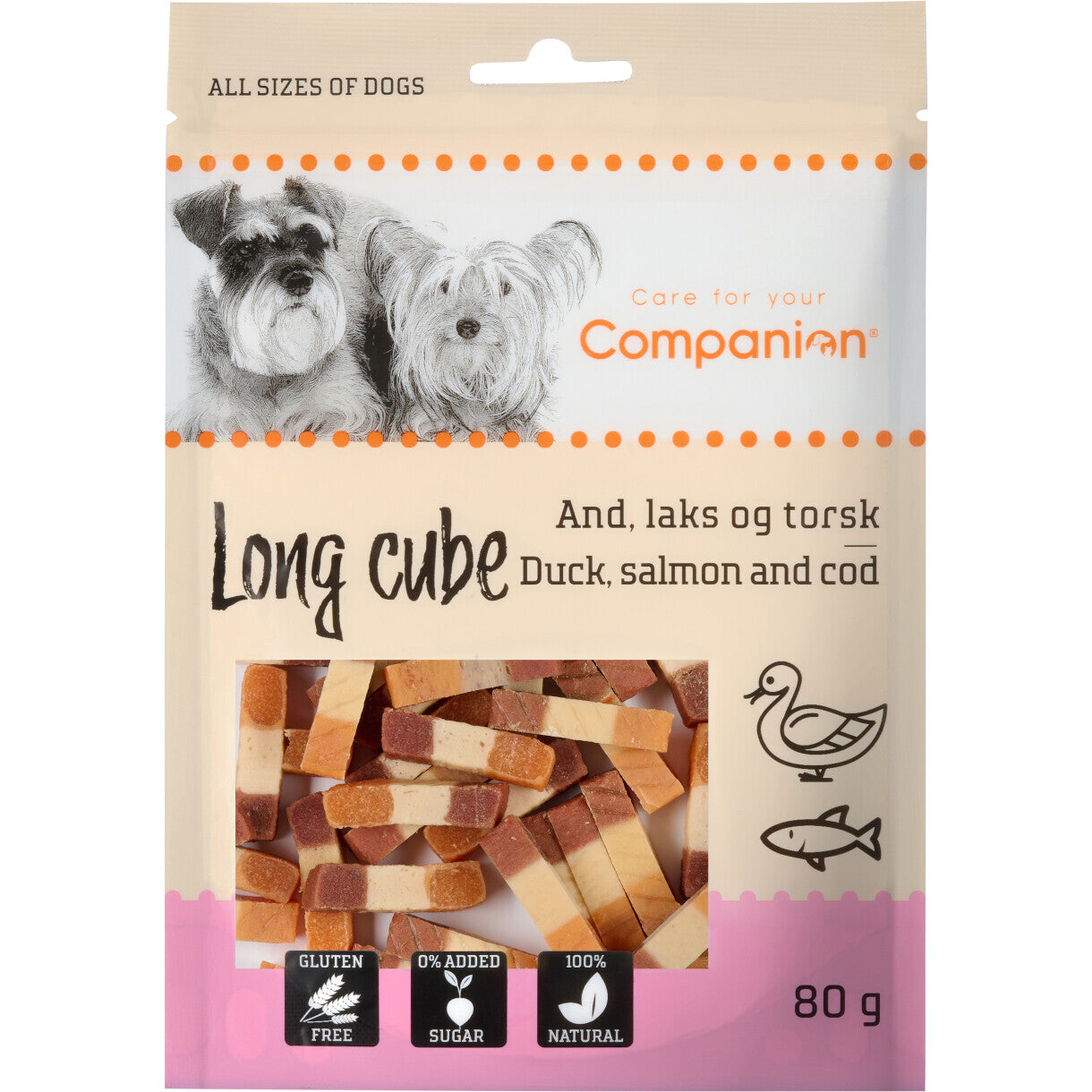 80 g Companion hundegodbidder Long Cube med and, laks og torsk