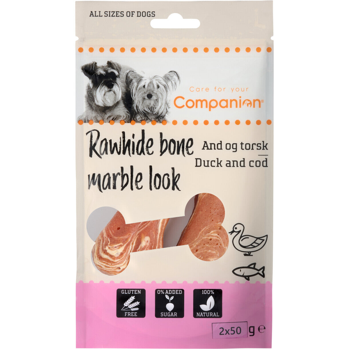 2 x 50 g Companion råhudben med and og torsk