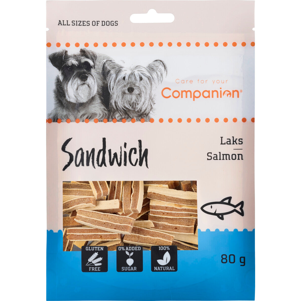 80 g Companion sandwich hundesnack stikcks med laks