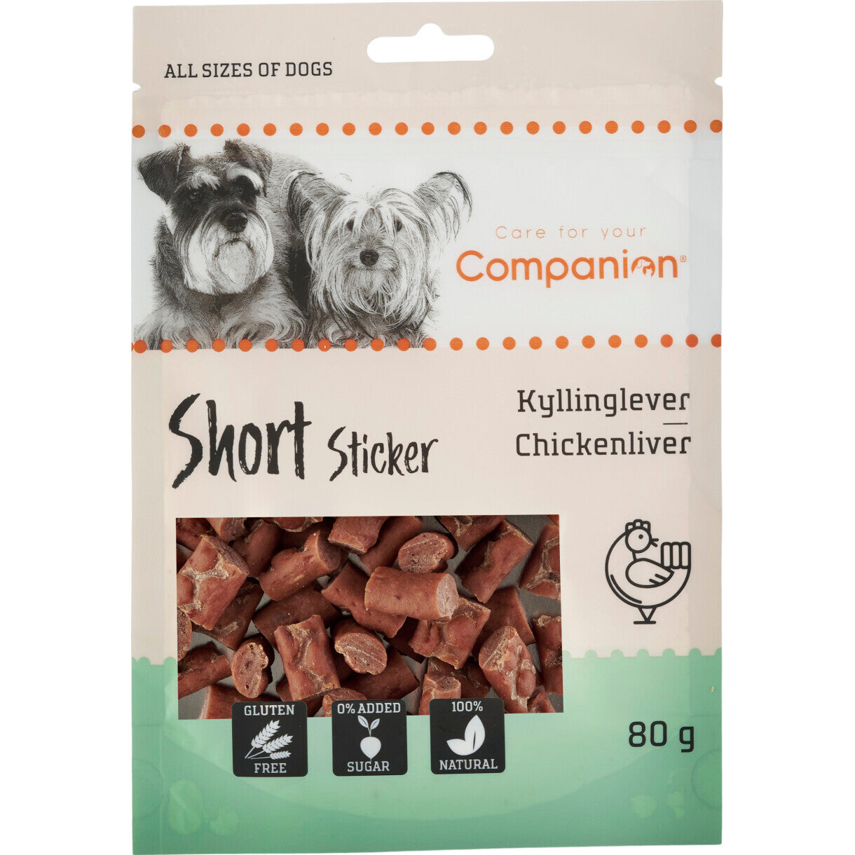 80 g Companion hundesnack med kyllingelever i sticks 1,5 cm