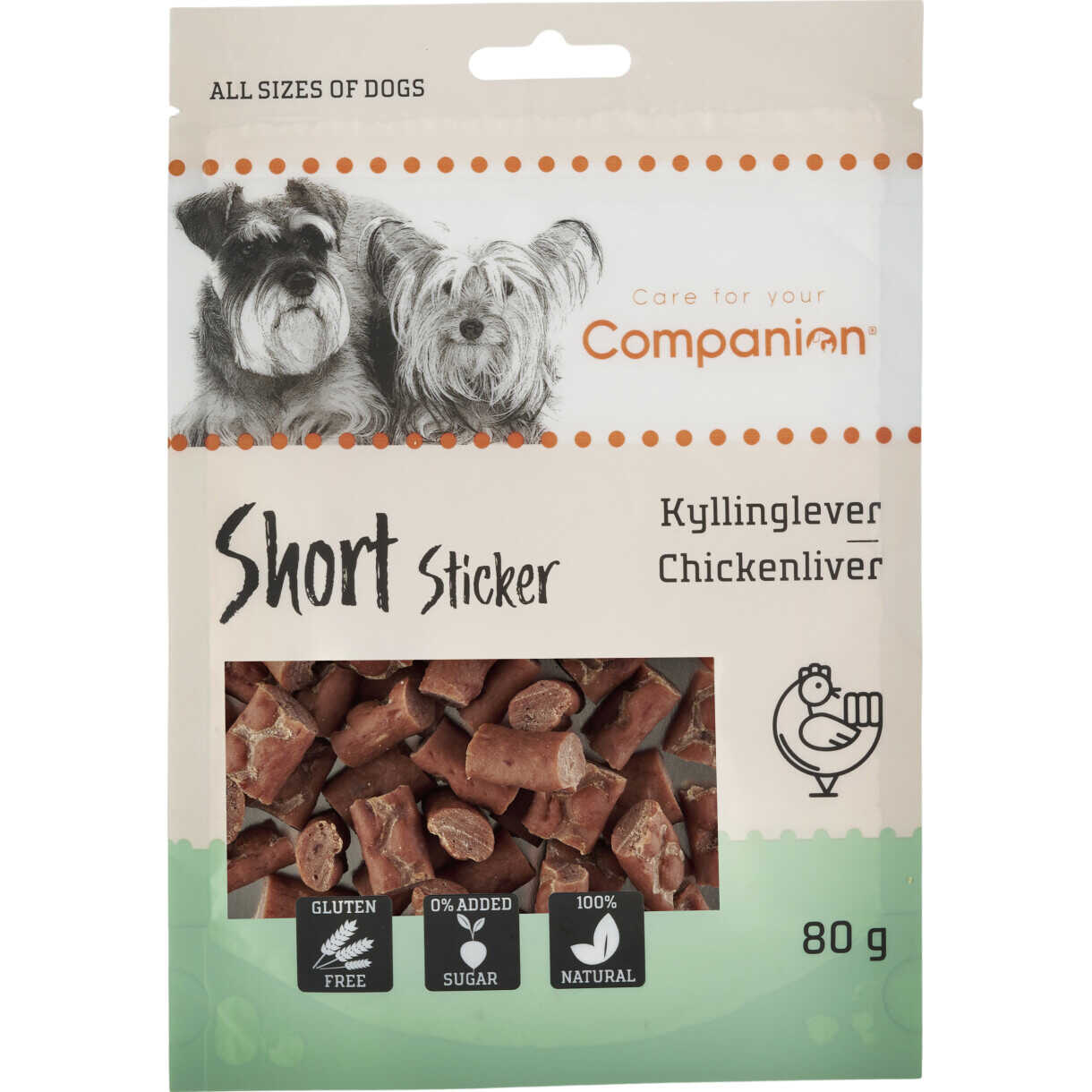 80 g Companion hundesnack med kyllingelever i sticks 1,5 cm