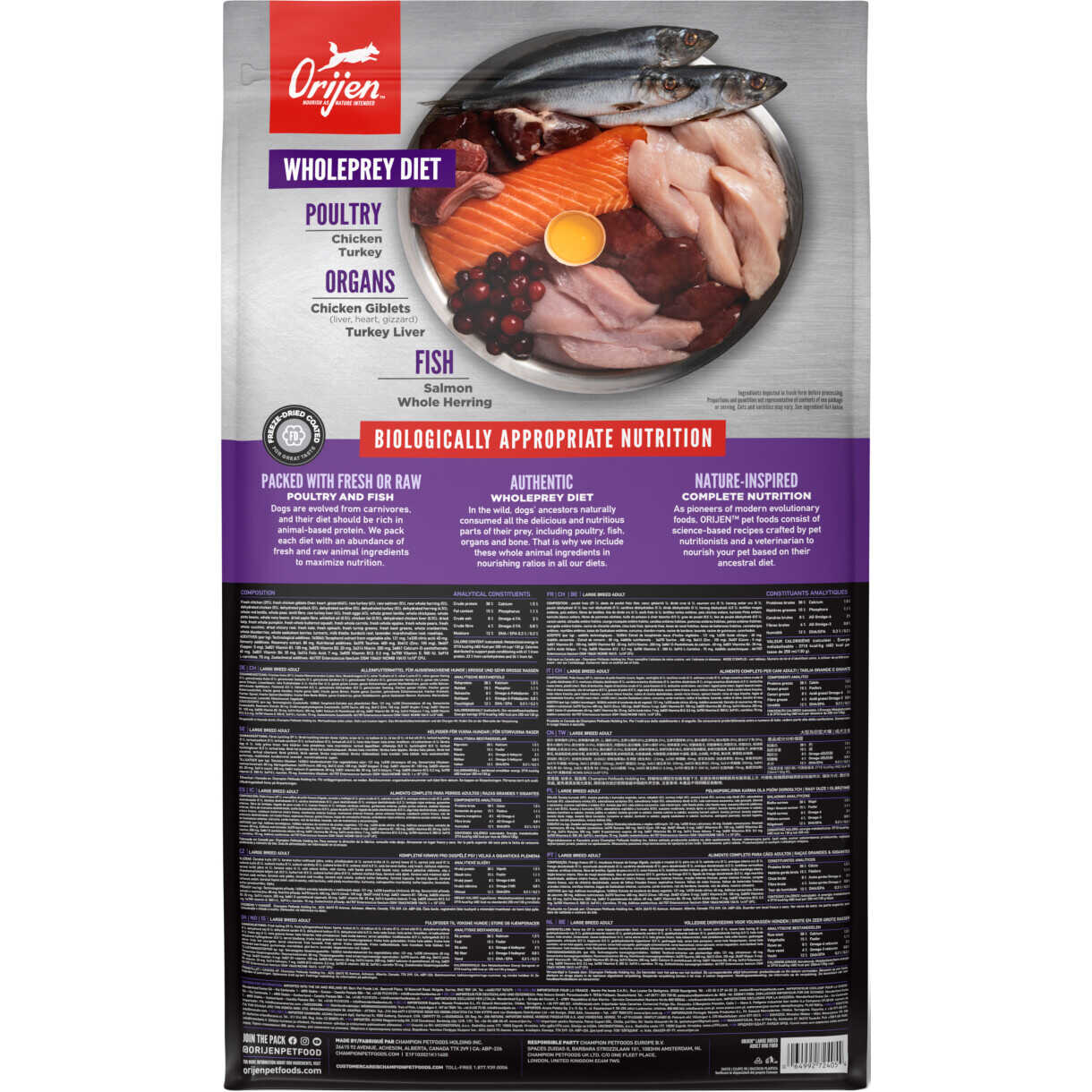 11,4 kg Orijen Adult Large Breed hundefoder med kylling og fisk