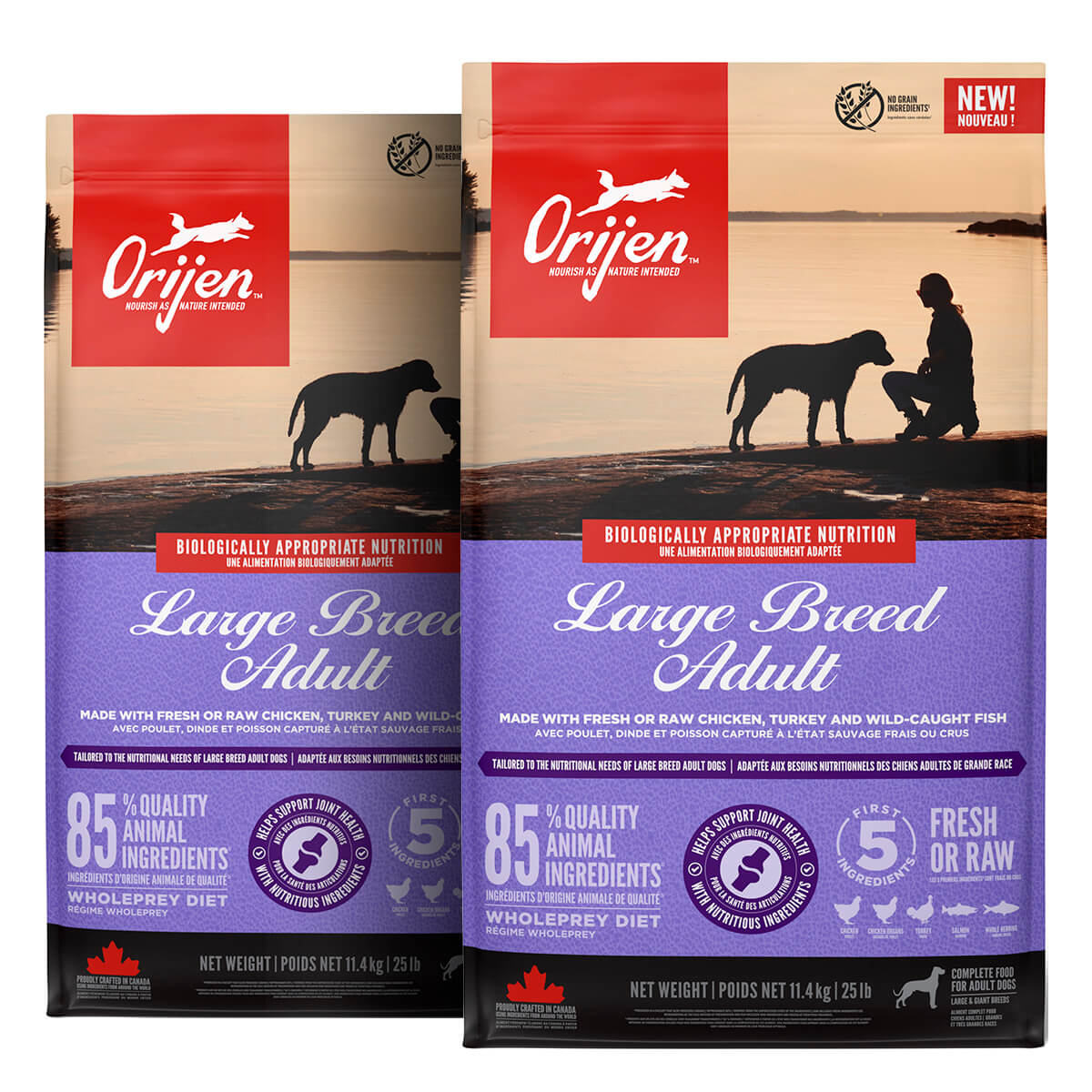 2 X 11,4 kg. Orijen Adult Large Breed hundefoder med kylling og fisk