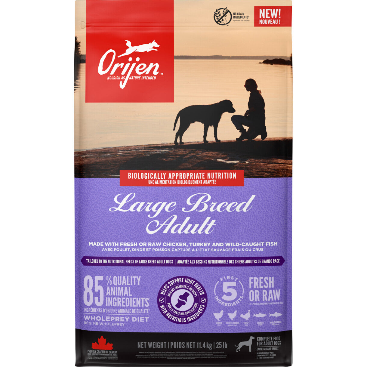 11,4 kg Orijen Adult Large Breed hundefoder med kylling og fisk