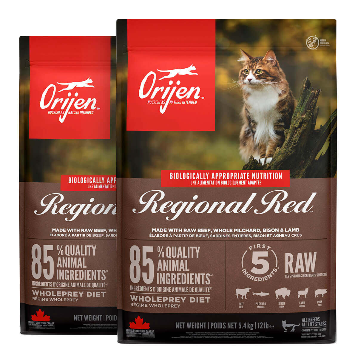 2 x 5,4 kg. Orijen Regional Red kattemad med oksekød, sardin, bison og lam