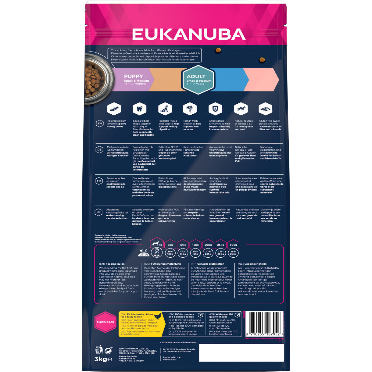 3 kg Eukanuba hundefoder med kylling Small/Medium - kornfrit