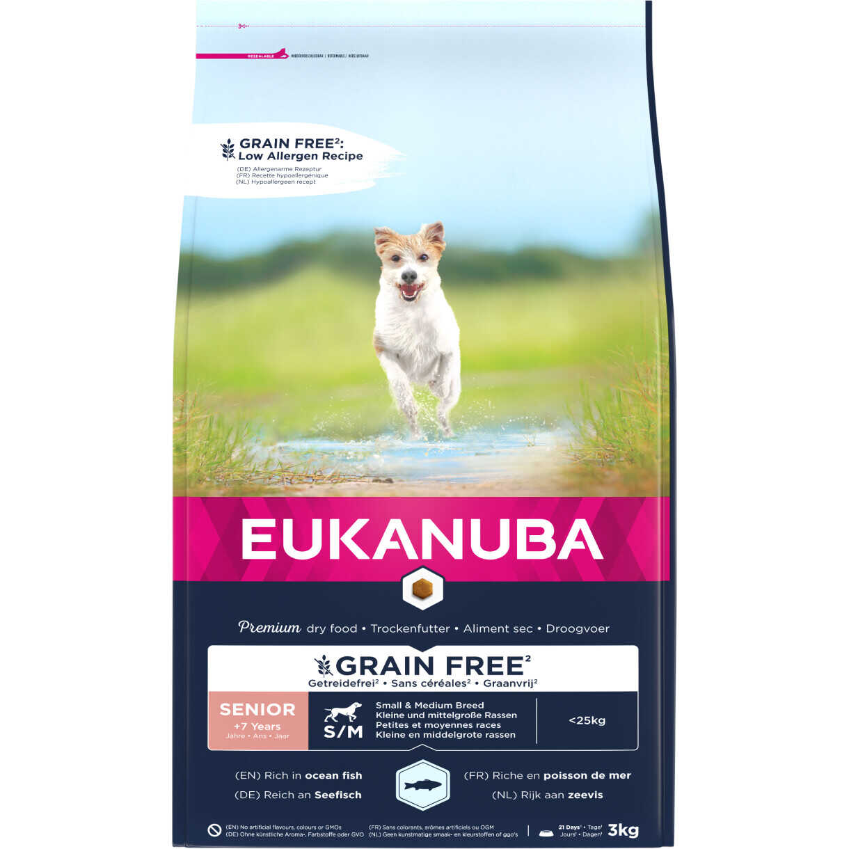 3 kg EUKANUBA Senior hundefoder med havfisk Small/Medium - kornfrit