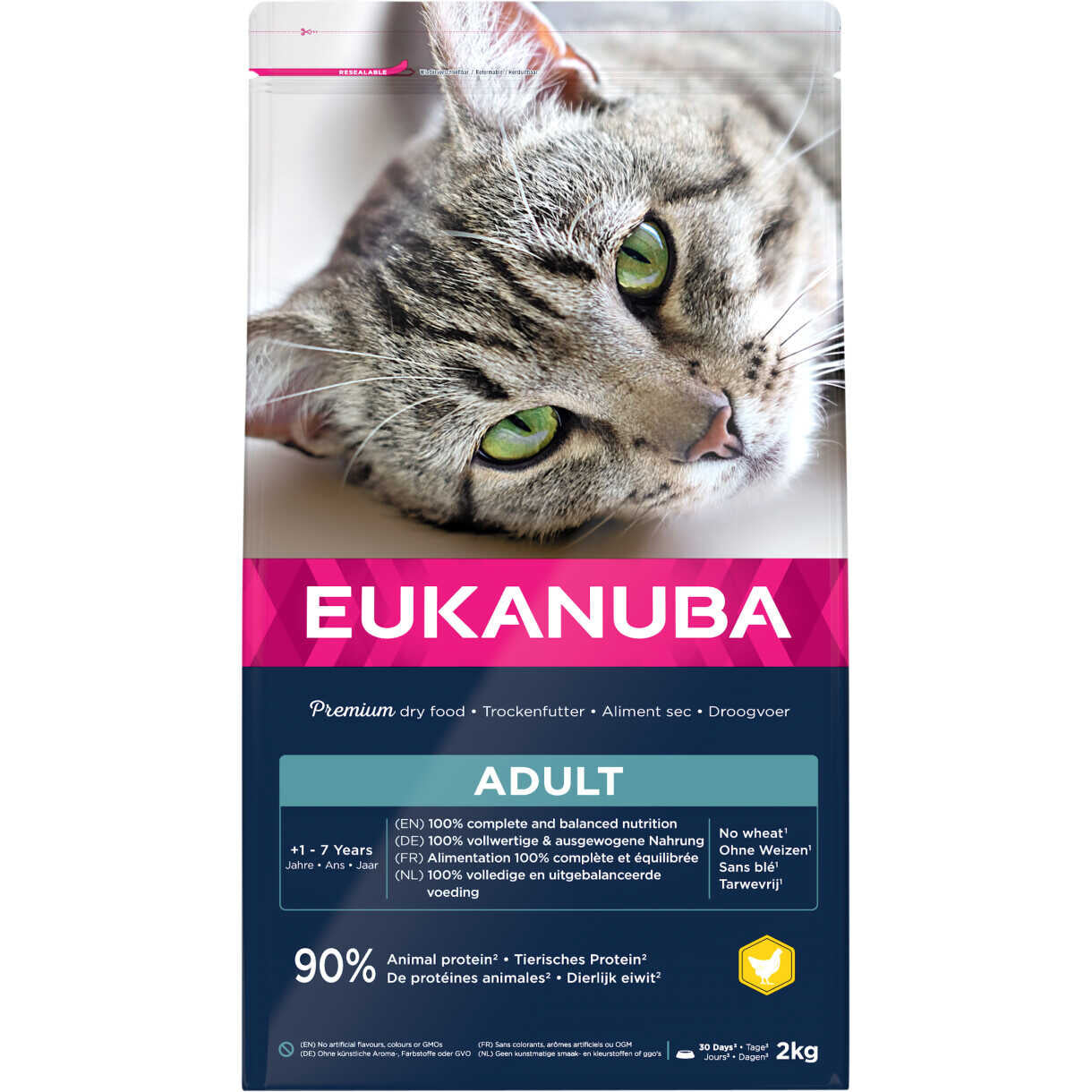 2 kg Eukanuba kattefoder til voksne katte med kylling og kakun fra 1 til 11 år