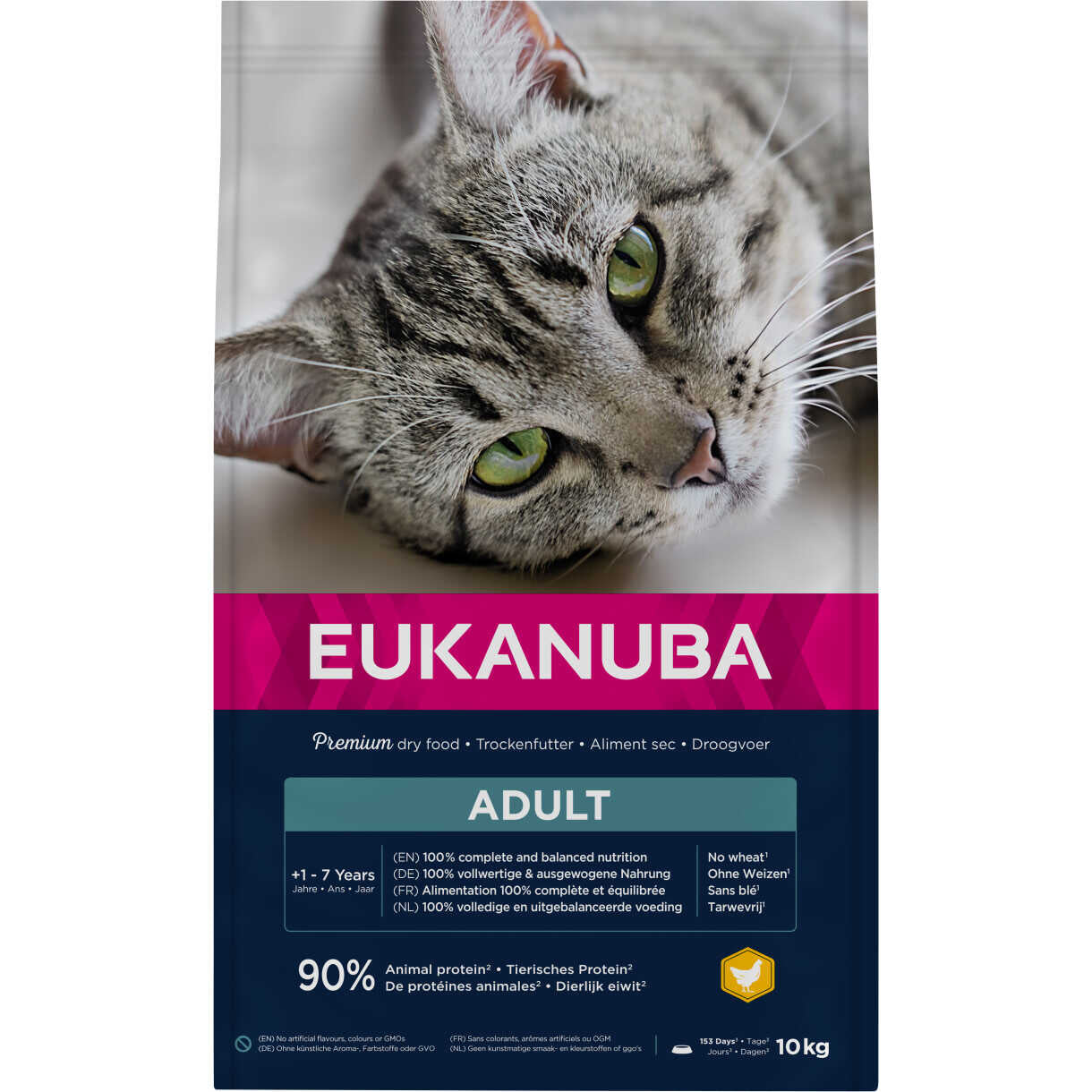 10 kg Eukanuba kattefoder til voksne katte med kylling og kakun fra 1 til 11 år