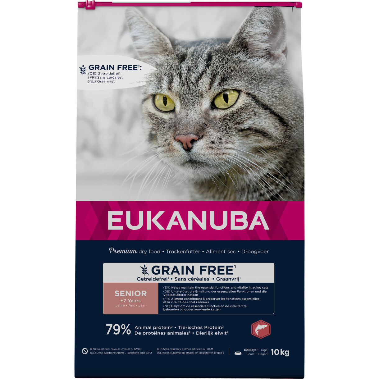 10 kg Eukanuba kattefoder til senior katte med laks - kornfrit