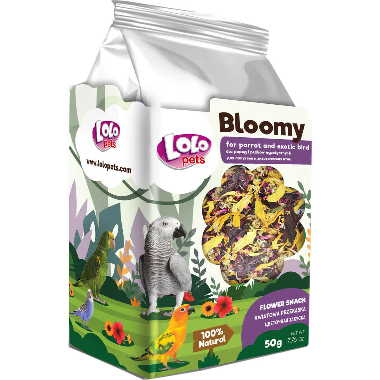 Lolo Bloomy snack med blomster mix til papegøjer og små eksotiske fugle 50 gr