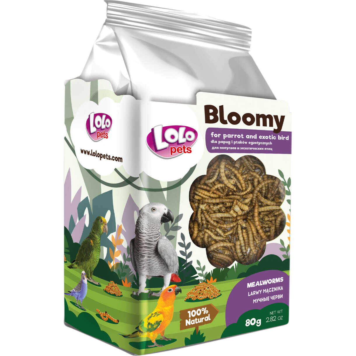 Lolo Bloomy snack med melorms larver til papegøjer og små eksotiske fugle 80 gr