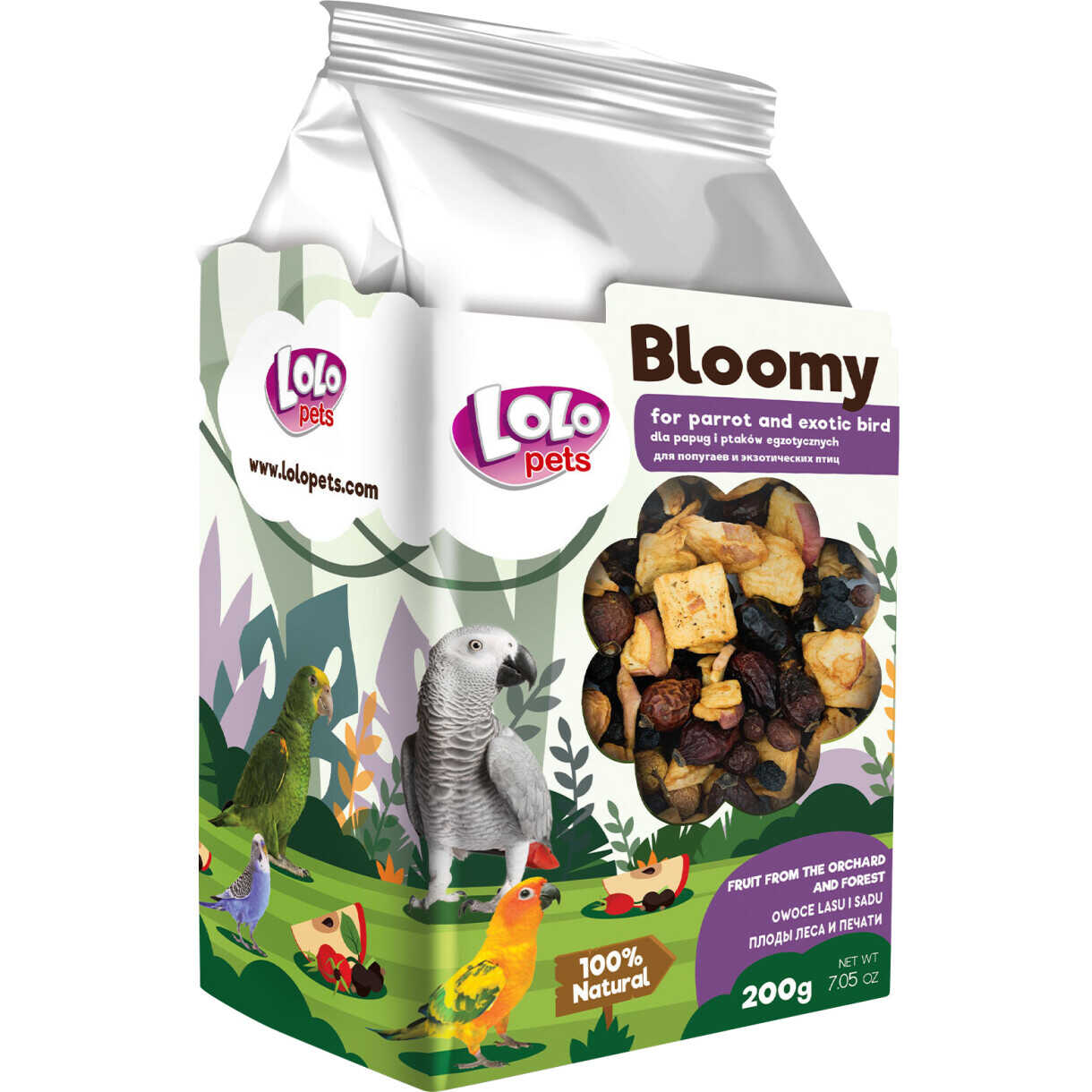 Lolo Bloomy snack med skov og plantefrugter til papegøjer og små eksotiske fugle 150 gr