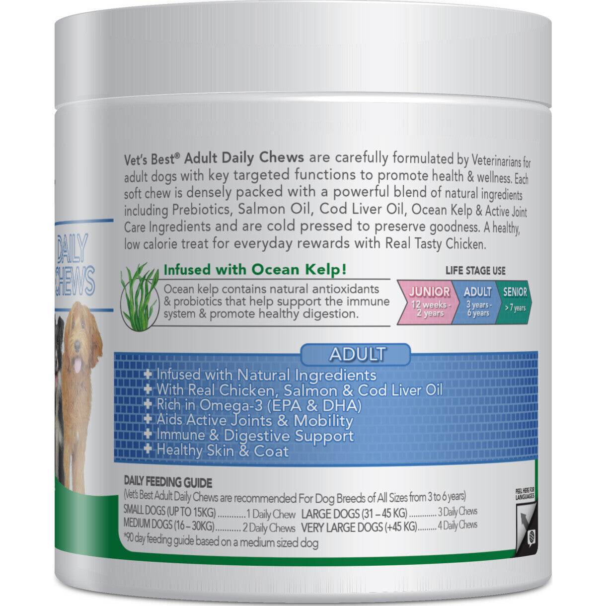 Vets Best Daily Chews hundegodbidder med laks til voksne hunde 3 - 6 år 180 stk.