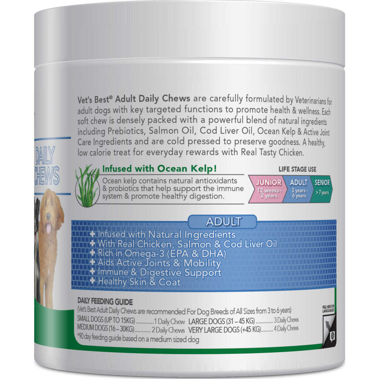 Vets Best Daily Chews hundegodbidder med laks til voksne hunde 3 - 6 år 180 stk.