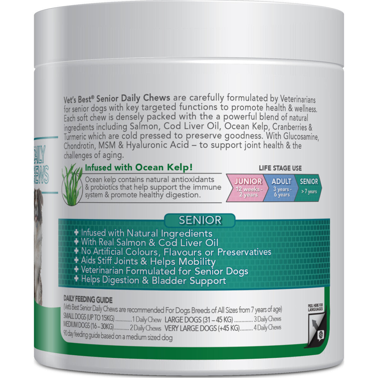 Vets Best Daily Chews hundegodbidder med laks til Senior hunde +9 år 180 stk.