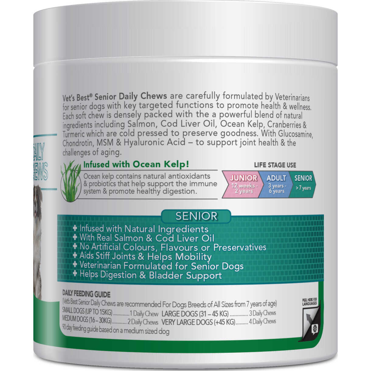Vets Best Daily Chews hundegodbidder med laks til Senior hunde +9 år 180 stk.