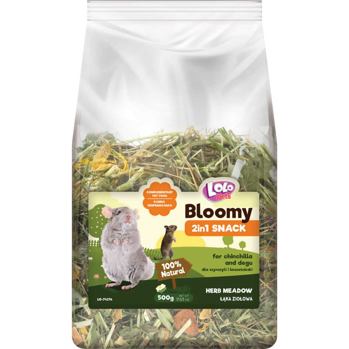 500 gr Lolo Bloomy 2 in1 Snack med urter og hø til chinchillas og degus