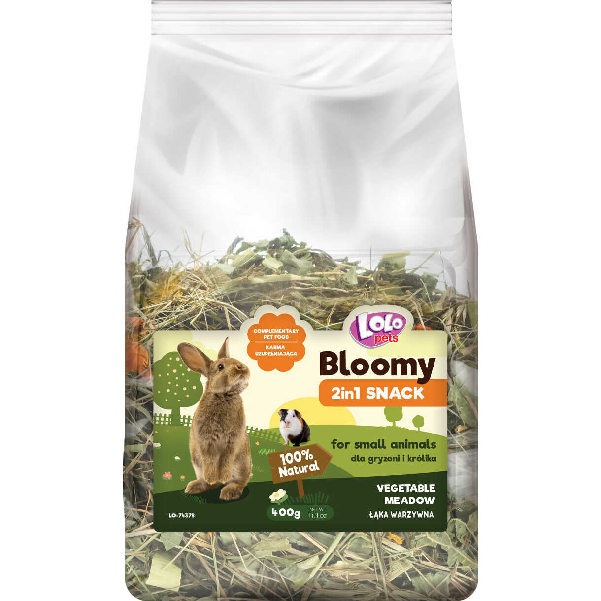 400 gr Lolo Bloomy 2 in1 Snack med vegetabilske urter og hø til kaniner og gnavere