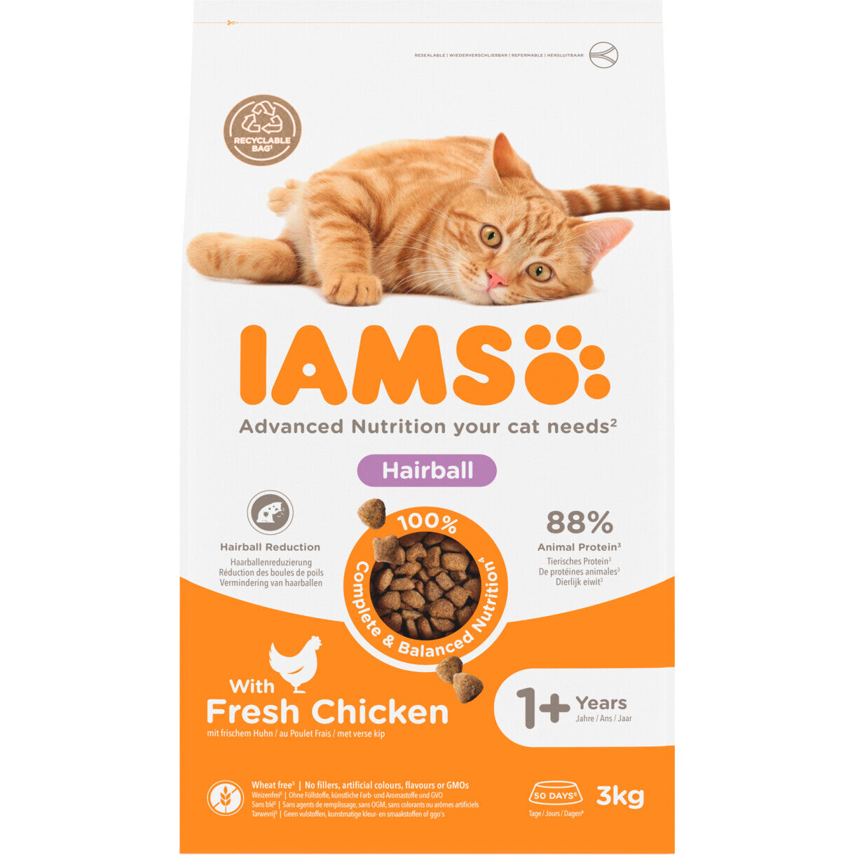 3 kg Iams Vitality kattefoder voksen hairball med kylling - fra 1 år