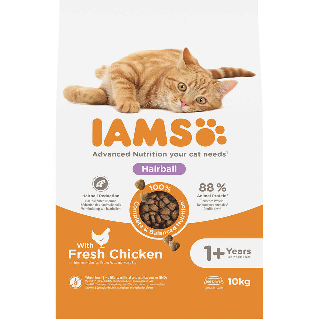 10 kg Iams Vitality kattefoder voksen hairball med kylling - fra 1 år