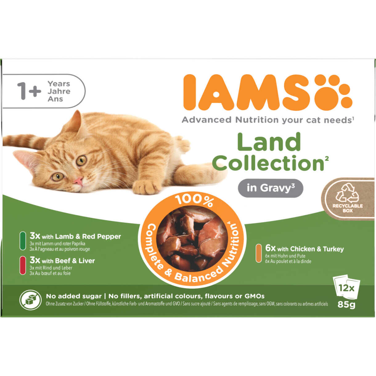 12 x 85 gr Iams DELIGHT katte vådfoder - Kød i sovs - menukasse