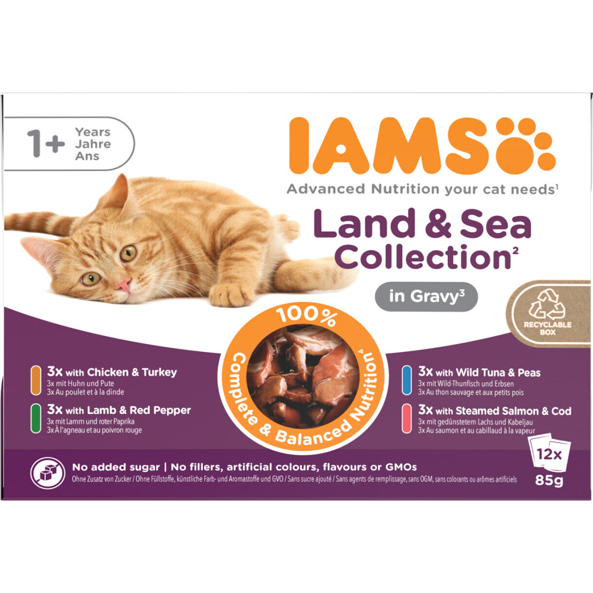12 x 85 gr Iams DELIGHT katte vådfoder - Fisk og kød i sovs - menukasse