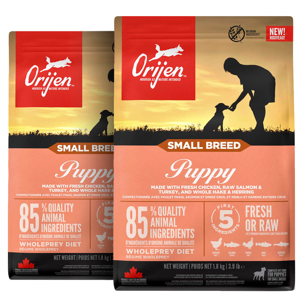 2 x 4,5 kg. Orijen Puppy Small Breed hundefoder med kylling og laks