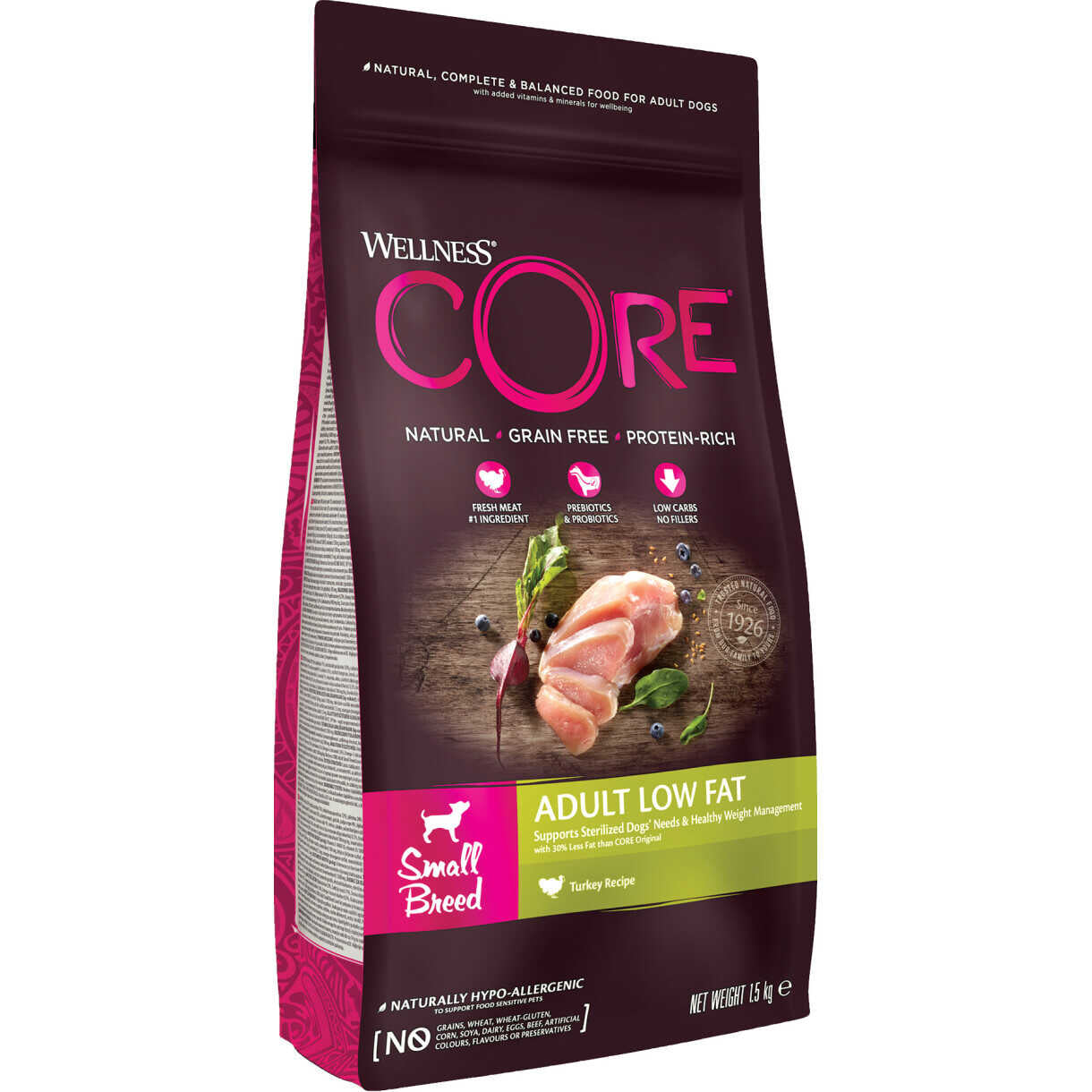 1,5 kg CORE LOW FAT hundefoder Adult Small Breed med Kalkun og kylling - kornfrit