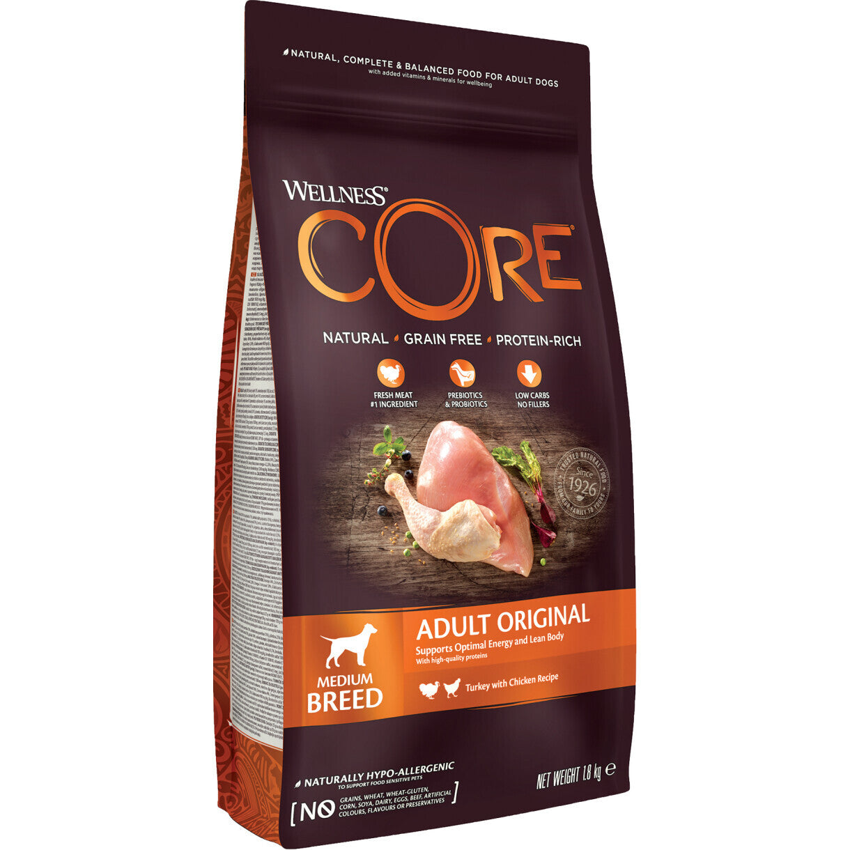 1,8 kg CORE hundefoder Adult Medium Breed med kylling og kalkun - kornfrit