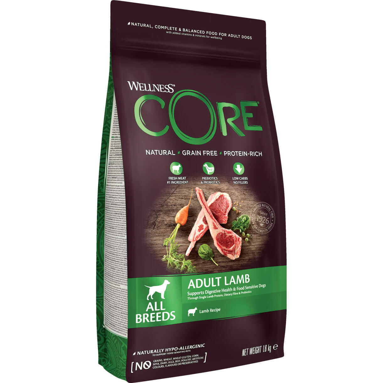1,8 kg CORE hundefoder til alle hunde størrelser med lam - kornfrit ...