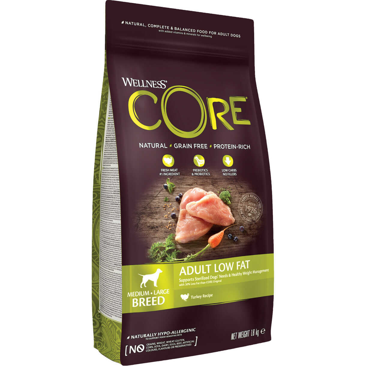 1,8 kg CORE LOW FAT hundefoder Adult medium - Large Breed med Kalkun og kylling - kornfrit