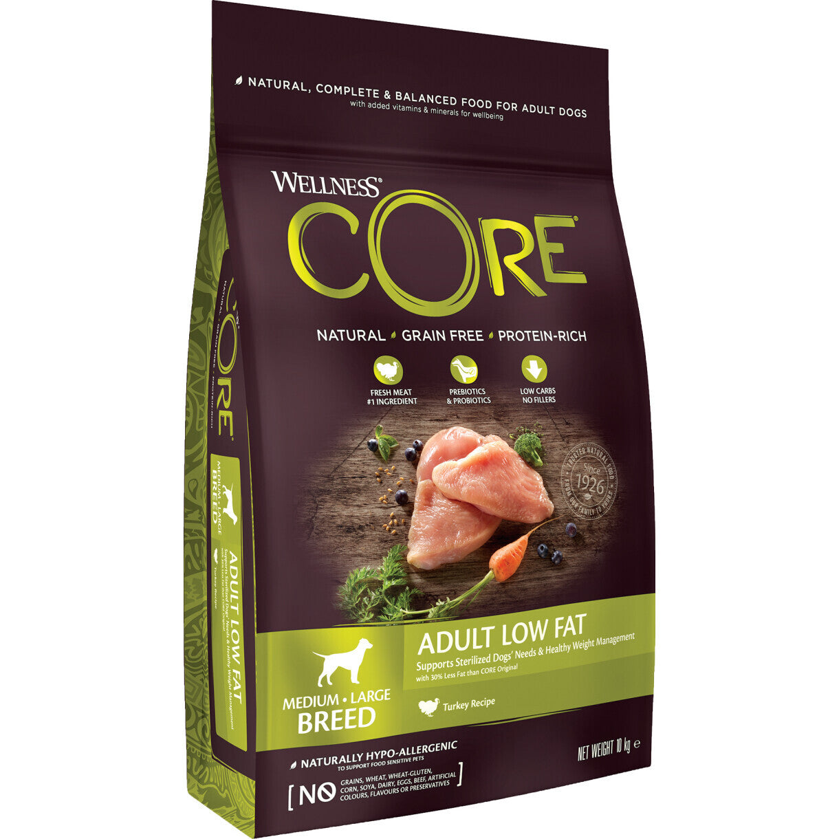 10 kg CORE LOW FAT hundefoder Adult medium - Large Breed med Kalkun og kylling - kornfrit