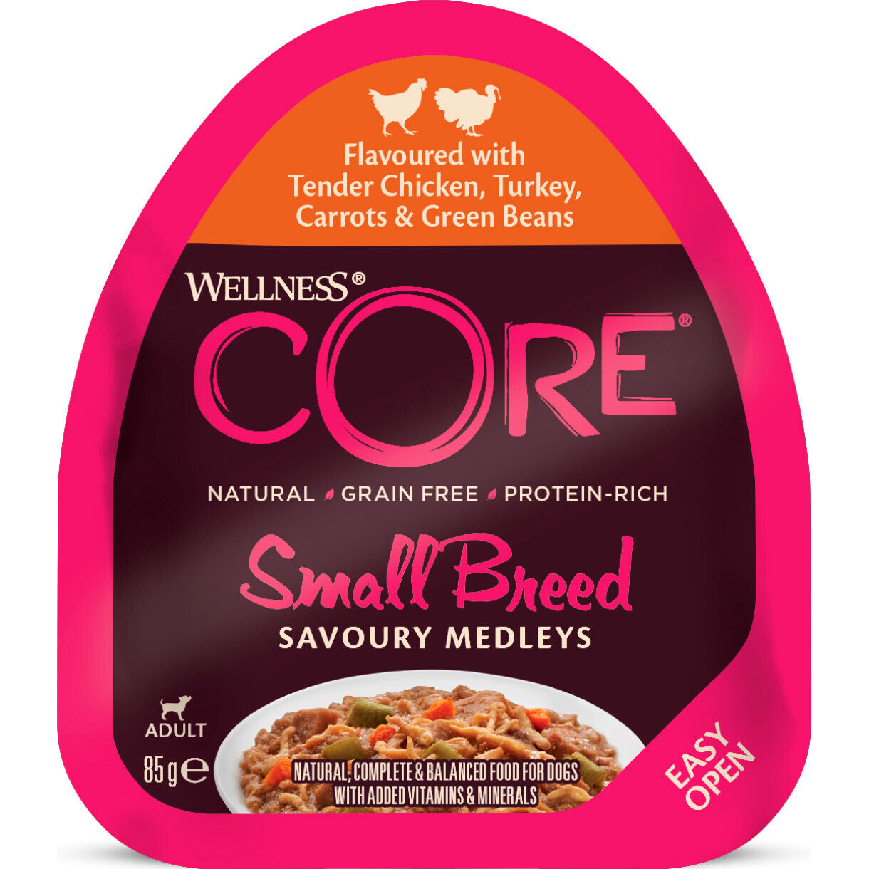 85 gr CORE hundevådfoder til mindre hunde med kylling - kalkun og grønsager - kornfri