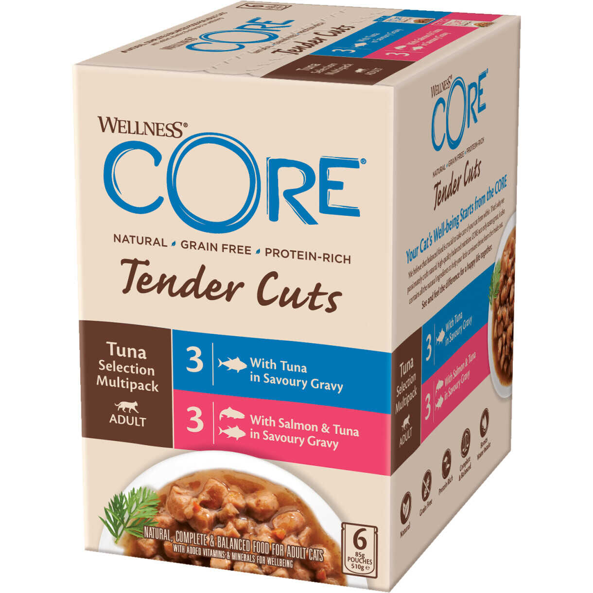 6 x 85 gr CORE kattevåd foder multi pak med tun og laks i sovs - kornfri