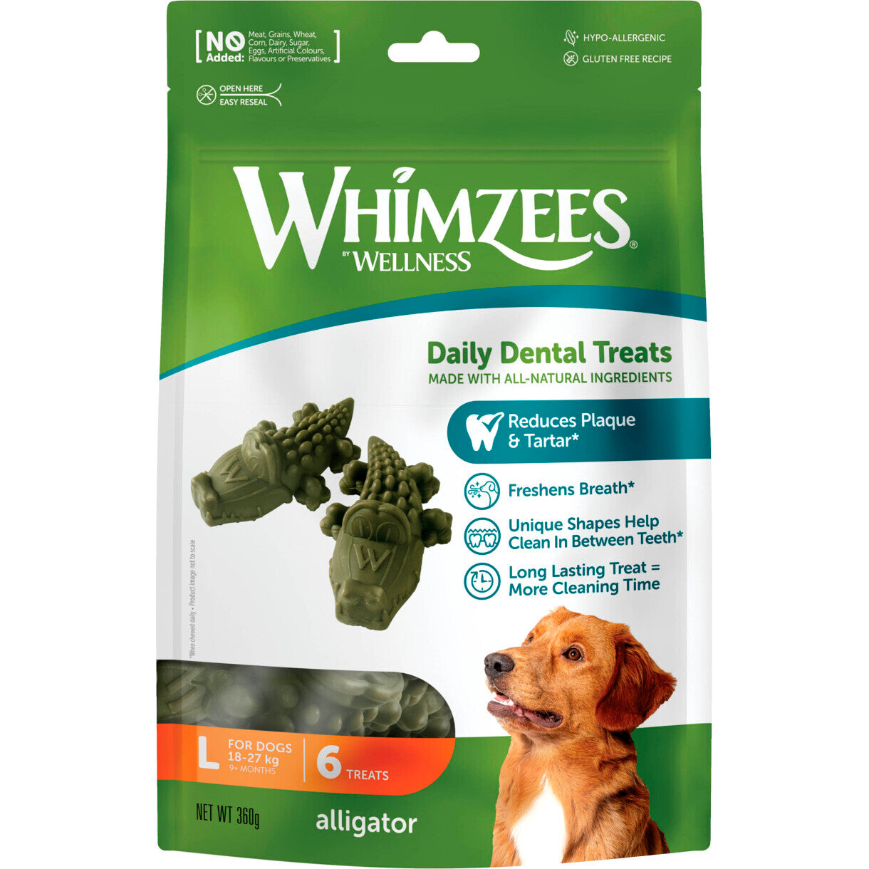 Whimzees Alligator hundegodbidder - Large - til store hunde 18 til 27 kg - glutenfri