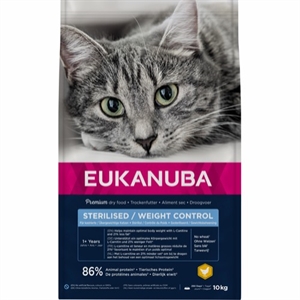 10 kg Eukanuba kattefoder med kylling og lever Overweight - sterillsed fra 1 til 11 år