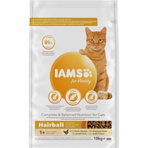 10 kg Iams kattefoder voksen hairball med kylling - fra 1 år