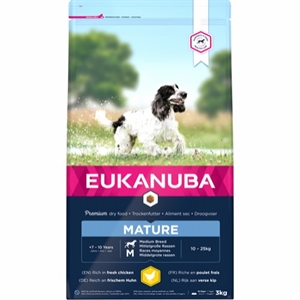 3 kg Eukanuba hundefoder Mature Medium Breed med kylling fra 7 til 10 år