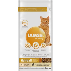 3 kg Iams kattefoder voksen hairball med kylling - fra 1 år