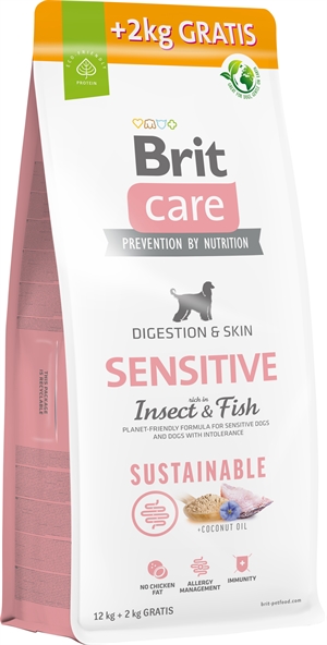 12 + 2 kg gratis Brit Care hundefoder Sensitive skin med fisk og insekter til alle typer hunde - Kornfrit