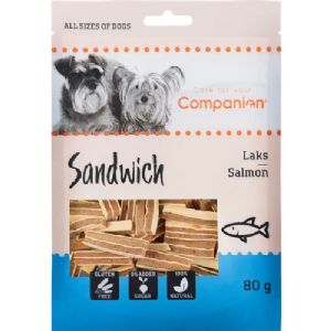 5 stk Companion sandwich hundesnack stikcks med laks 80g sukker og glutenfri