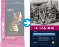 10 kg Eukanuba kattefoder med kylling og lever Overweight - sterillsed fra 1 til 11 år