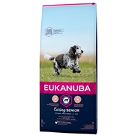 12 kg Eukanuba Caring hundefoder Senior Medium Breed med kylling + 10 år