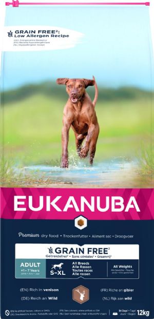 12 kg Eukanuba hundefoder adult alle racer kornfri med hjortekød fra 1 til 7 år