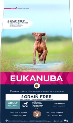 3 kg Eukanuba hundefoder adult alle racer kornfri med hjortekød fra 1 til 7 år